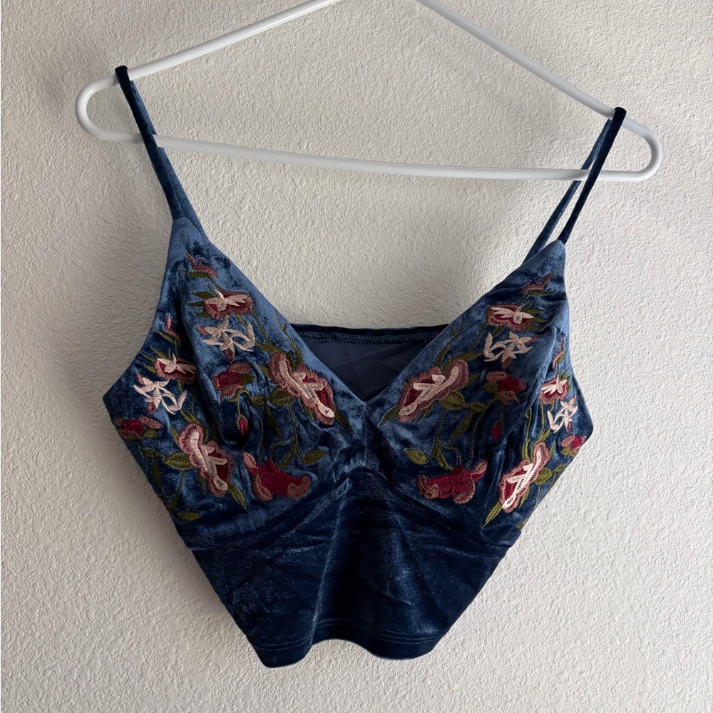 Embroidered Velvet Bandeau Crop Top - Blue